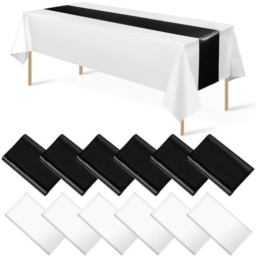 White and Black Tablecloth and Runner Set, 54 x 108 inch, 12 pack