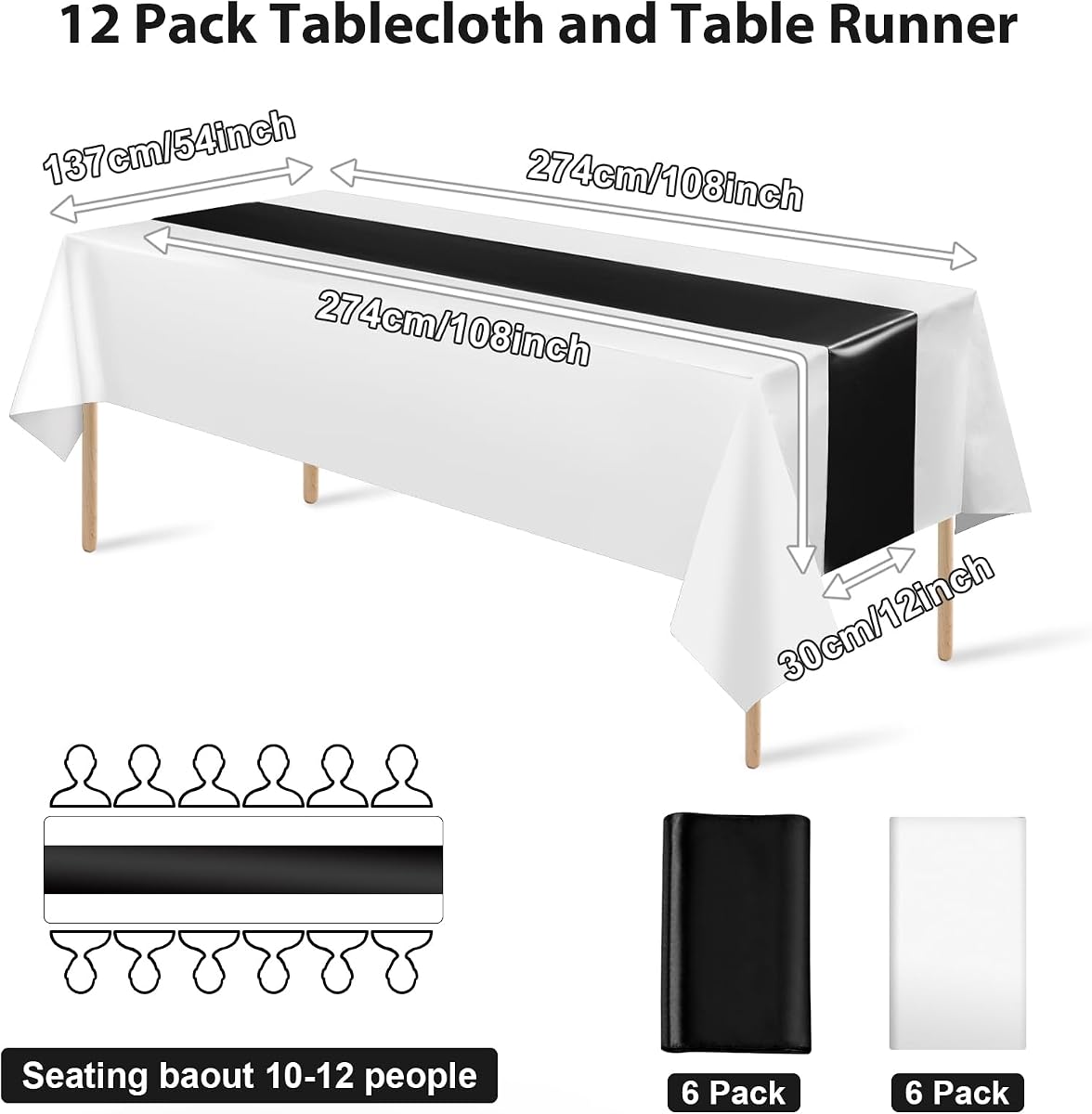 White and Black Tablecloth and Runner Set, 54 x 108 inch, 12 pack view 2