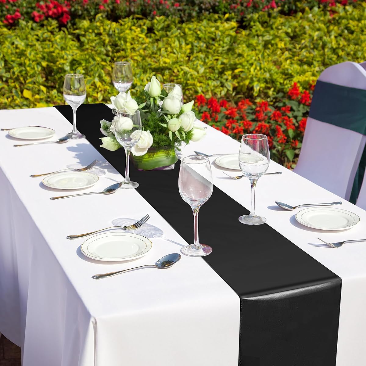 White and Black Tablecloth and Runner Set, 54 x 108 inch, 12 pack view 4