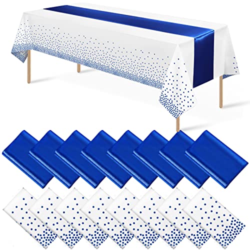 White and Blue Tablecloth and Runner Set, 16 pack