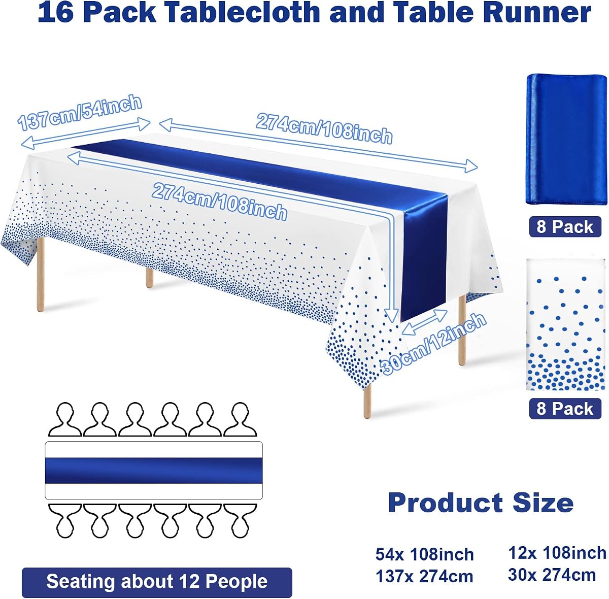 White and Blue Tablecloth and Runner Set, 16 pack view 2