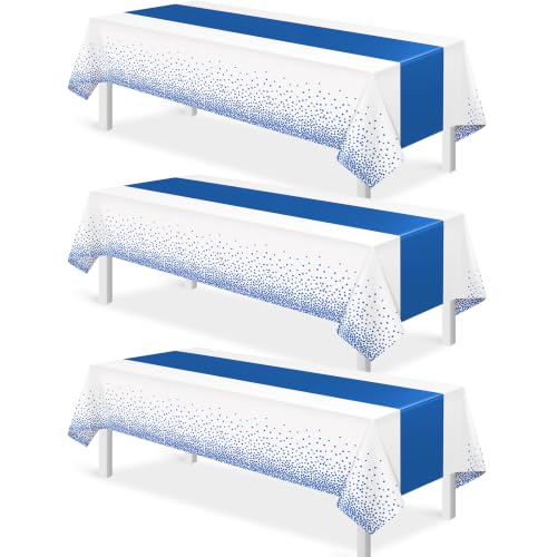 White and Blue Tablecloth and Runner Set, 54 x 108 inch, 3 pack