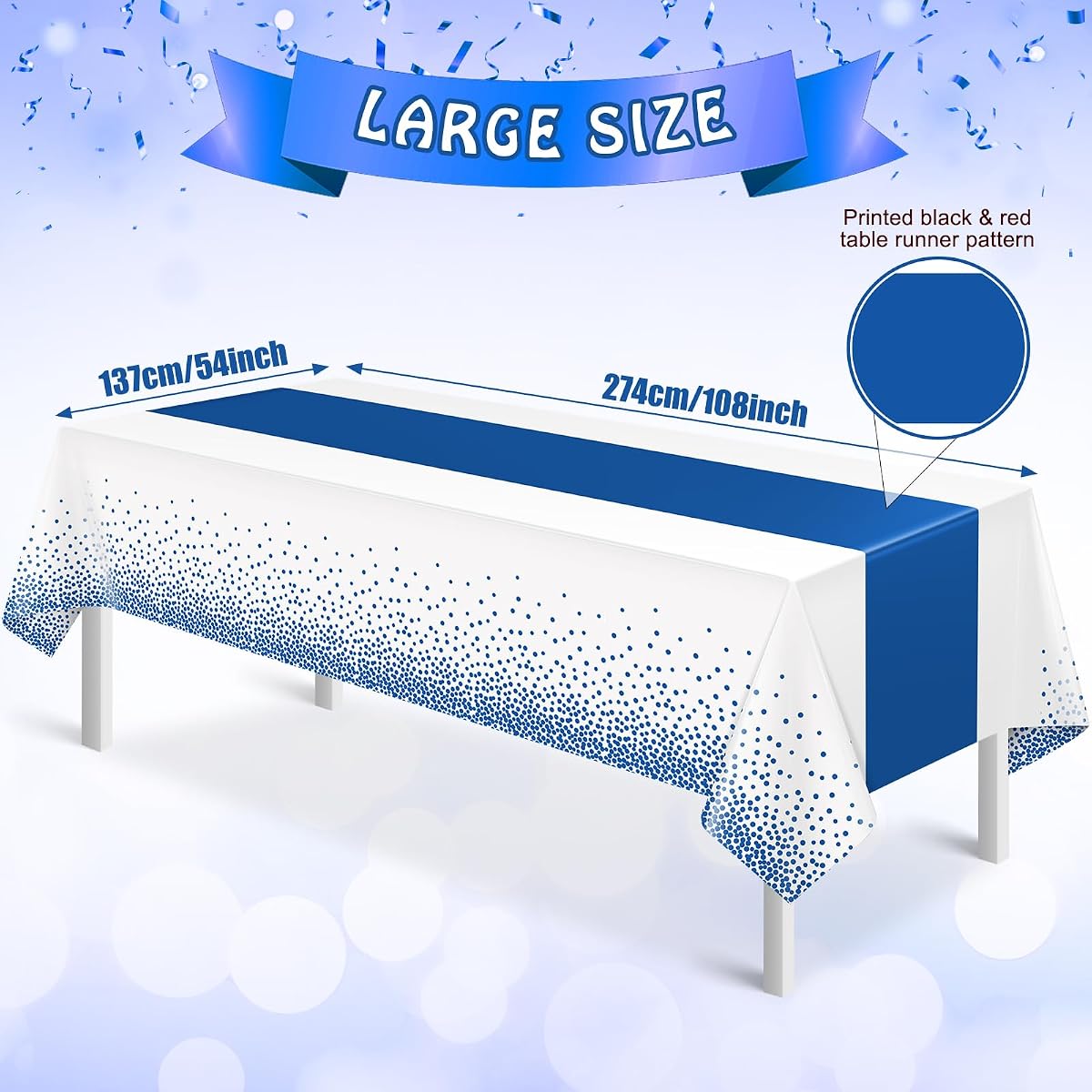 White and Blue Tablecloth and Runner Set, 54 x 108 inch, 3 pack view 2