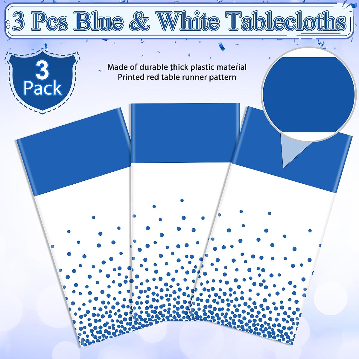 White and Blue Tablecloth and Runner Set, 54 x 108 inch, 3 pack view 4