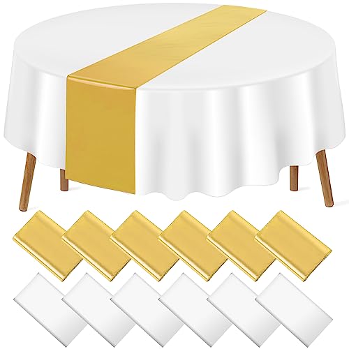White and Gold Round Tablecloth and Runner Set, 84 inch round, 12 pack