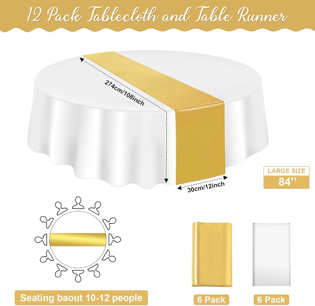 White and Gold Round Tablecloth and Runner Set, 84 inch round, 12 pack view 2
