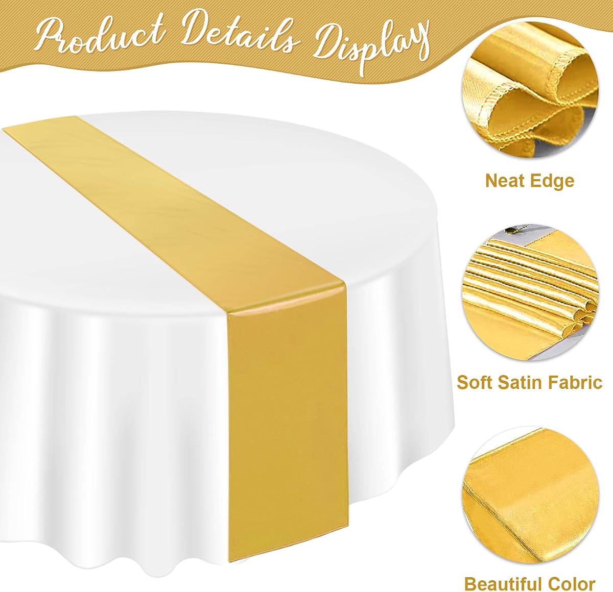 White and Gold Round Tablecloth and Runner Set, 84 inch round, 12 pack view 3