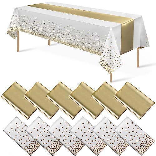 White and Gold Tablecloth and Runner Set, 12 pack