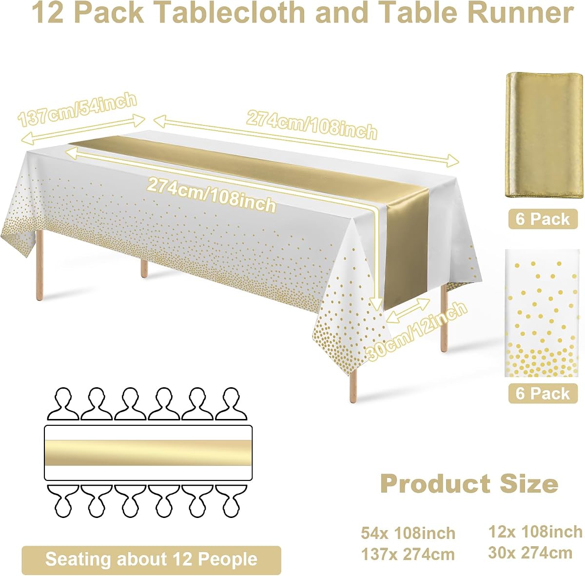 White and Gold Tablecloth and Runner Set, 12 pack view 2