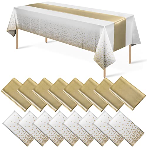 White and Gold Tablecloth and Runner Set, 16 pack