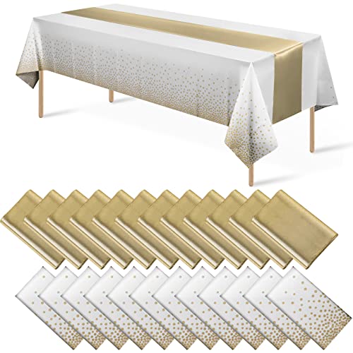 White and Gold Tablecloth and Runner Set, 24 pack