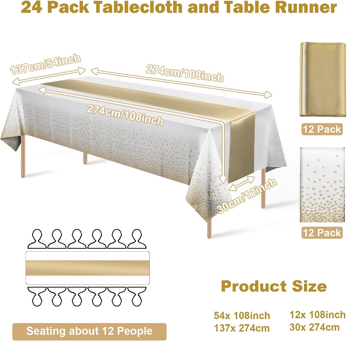 White and Gold Tablecloth and Runner Set, 24 pack view 2