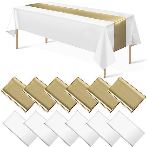 White and Gold Tablecloth and Runner Set, 54 x 108 inch, 12 pack