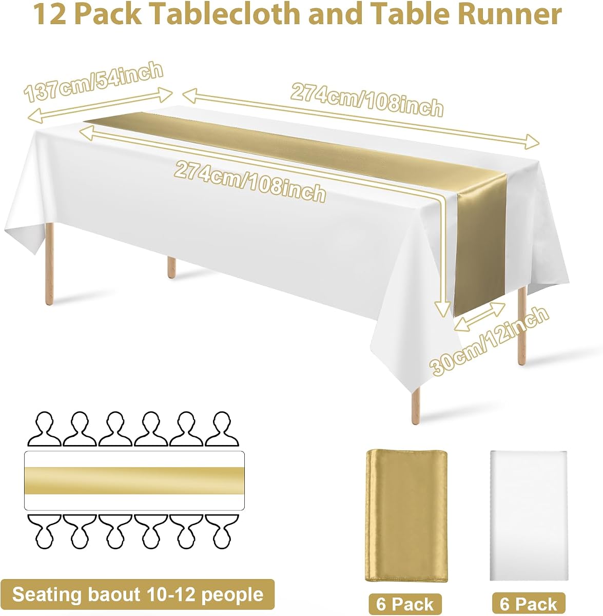 White and Gold Tablecloth and Runner Set, 54 x 108 inch, 12 pack view 2