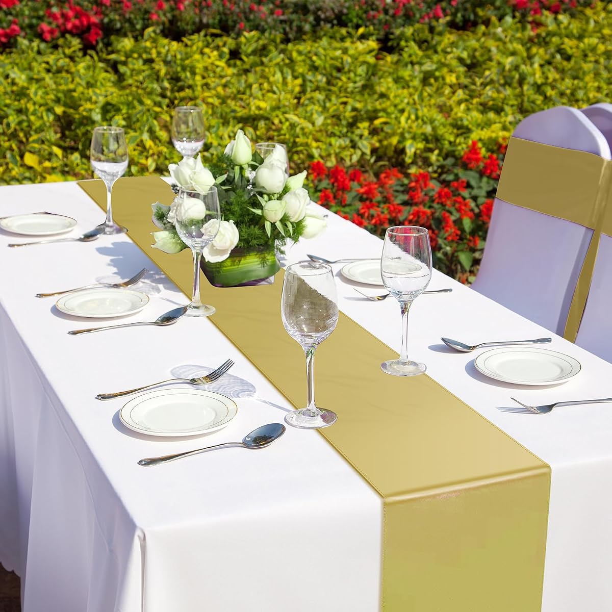 White and Gold Tablecloth and Runner Set, 54 x 108 inch, 12 pack view 4