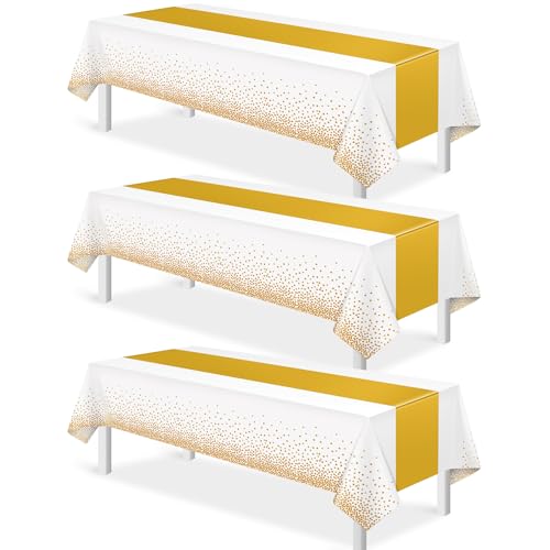 White and Gold Tablecloth and Runner Set, 54 x 108 inch, 3 pack