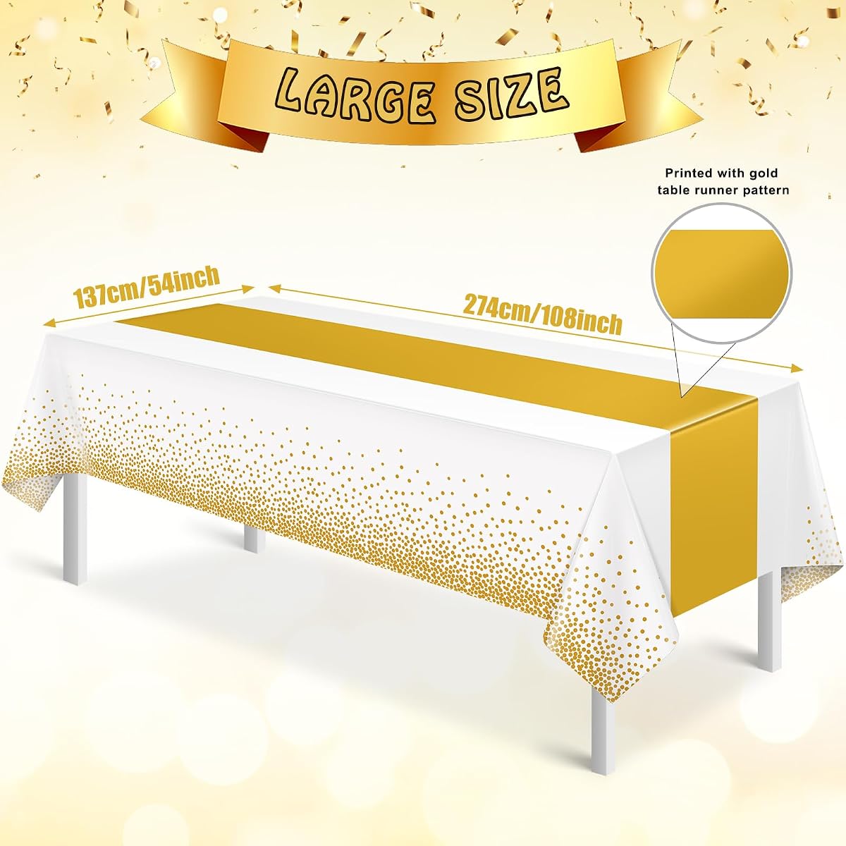 White and Gold Tablecloth and Runner Set, 54 x 108 inch, 3 pack view 2