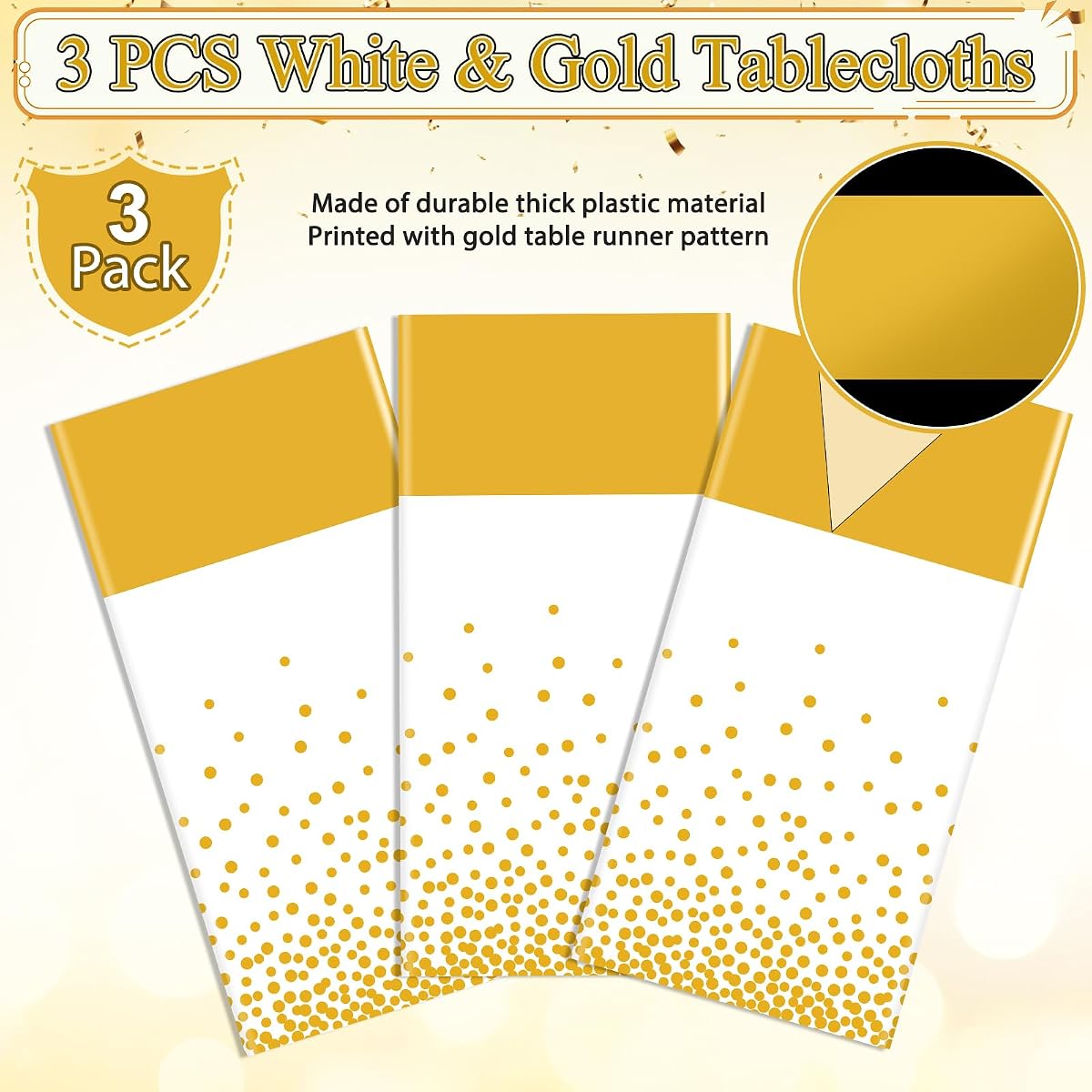 White and Gold Tablecloth and Runner Set, 54 x 108 inch, 3 pack view 4