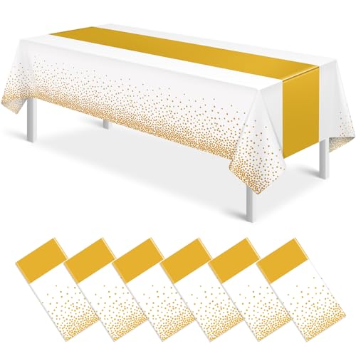 White and Gold Tablecloth and Runner Set, 54 x 108 inch, 6 pack