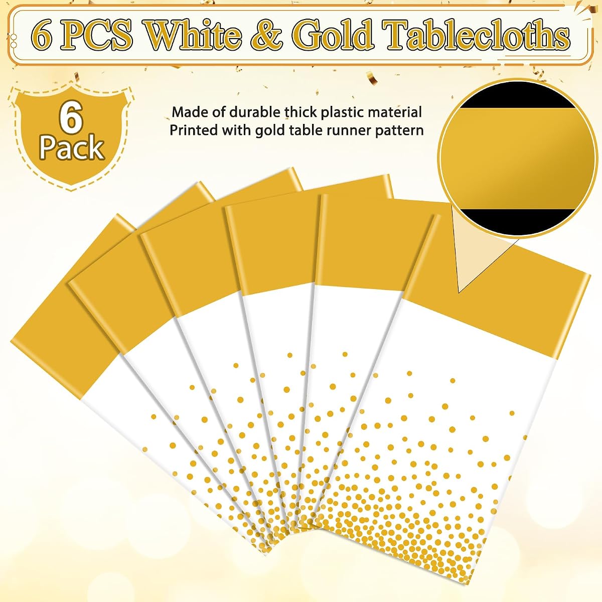 White and Gold Tablecloth and Runner Set, 54 x 108 inch, 6 pack view 4