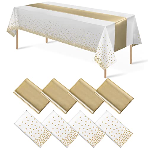 White and Gold Tablecloth and Runner Set, 8 pack