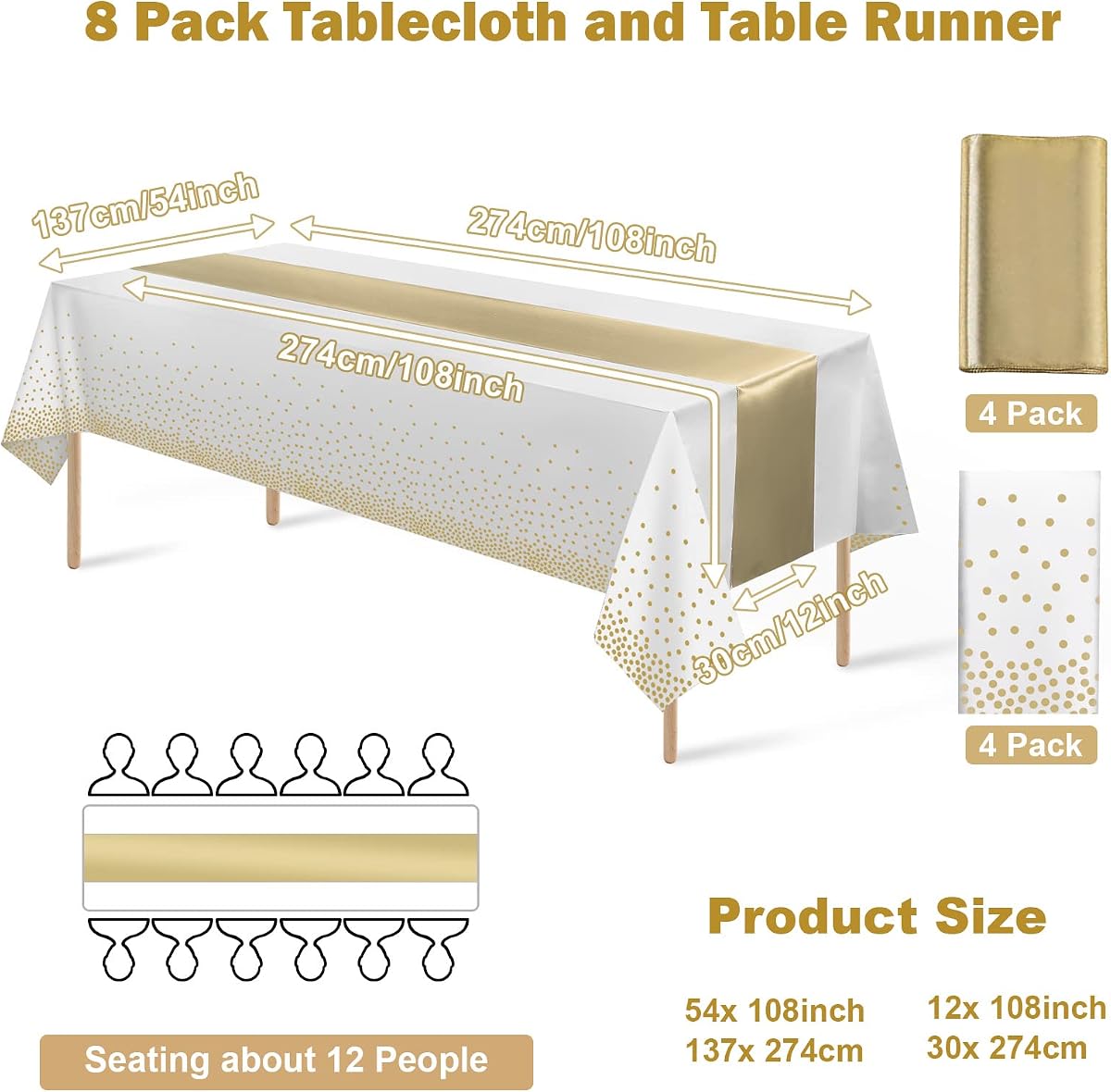 White and Gold Tablecloth and Runner Set, 8 pack view 2