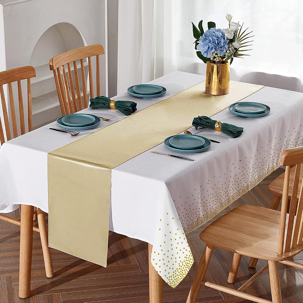 White and Gold Tablecloth and Runner Set, 8 pack view 4
