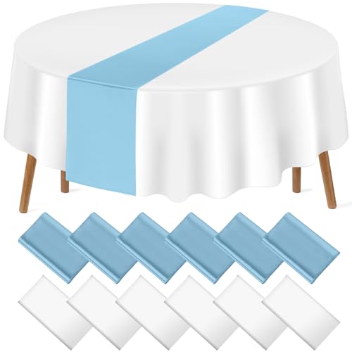 White and Light Blue Round Tablecloth and Runner Set, 84 inch round, 12 pack