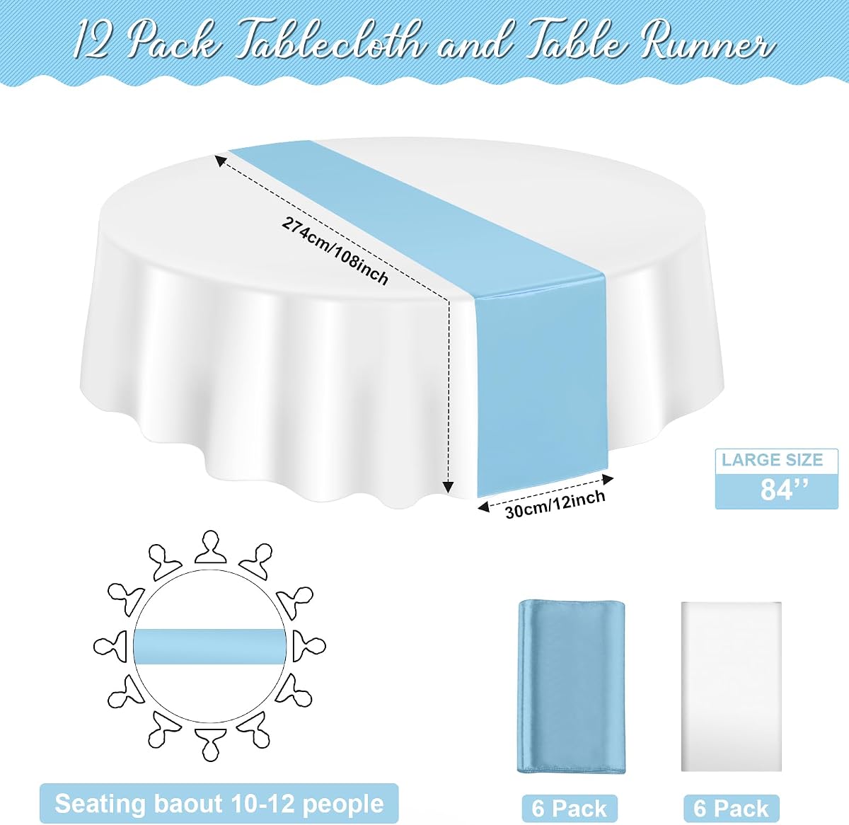 White and Light Blue Round Tablecloth and Runner Set, 84 inch round, 12 pack view 2
