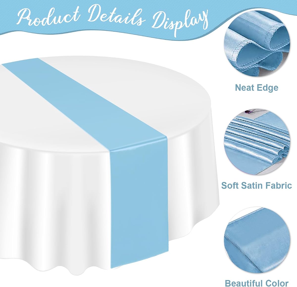 White and Light Blue Round Tablecloth and Runner Set, 84 inch round, 12 pack view 3