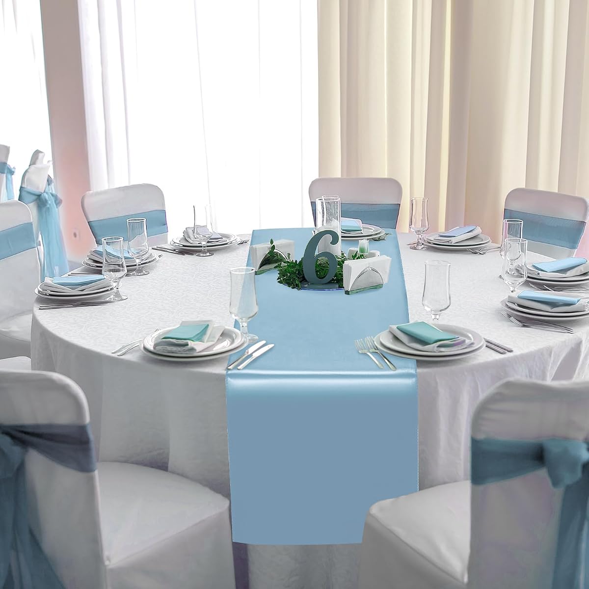 White and Light Blue Round Tablecloth and Runner Set, 84 inch round, 12 pack view 4