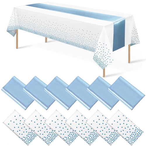 White and Light Blue Tablecloth and Runner Set, 12 pack