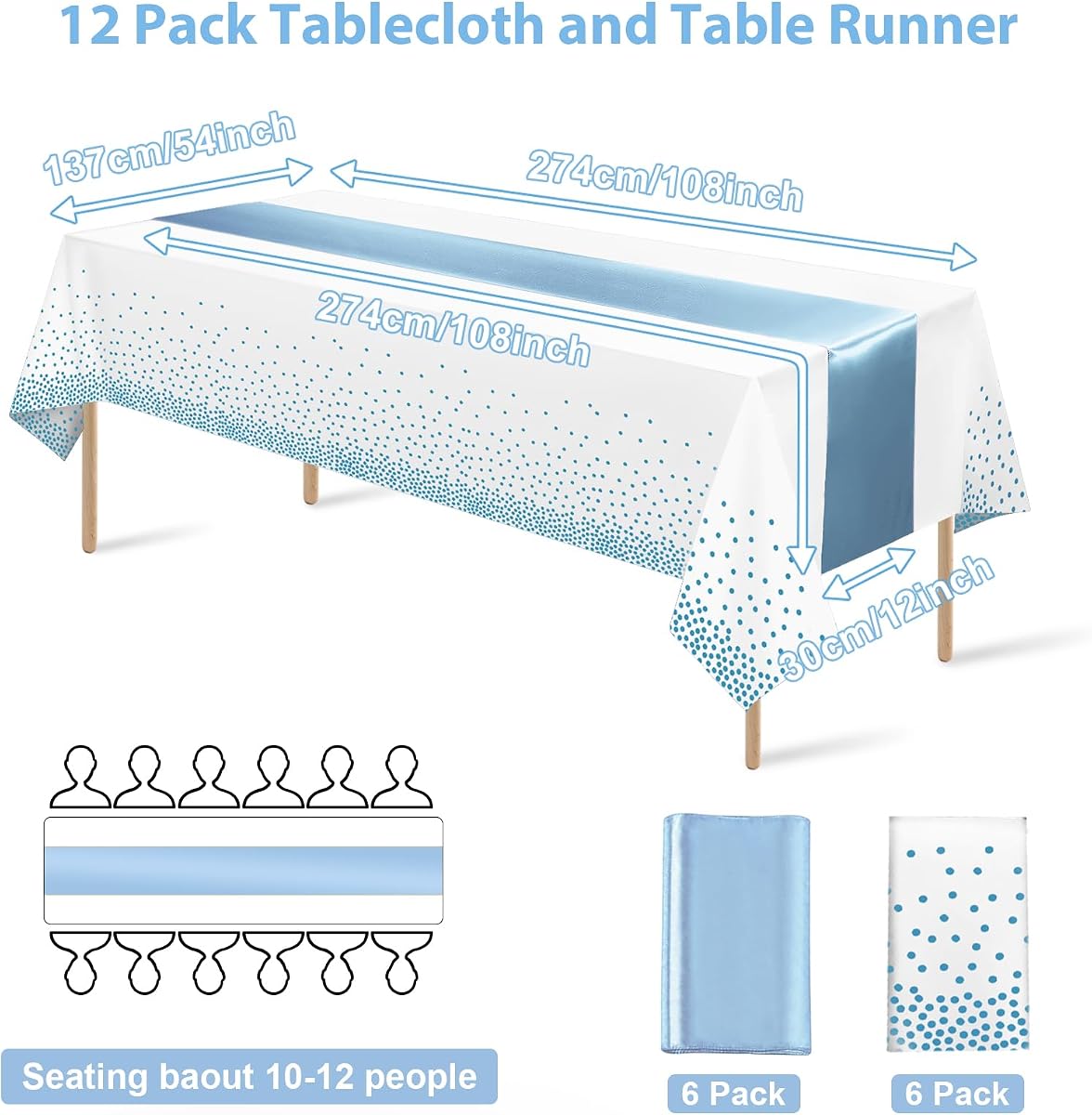 White and Light Blue Tablecloth and Runner Set, 12 pack view 2