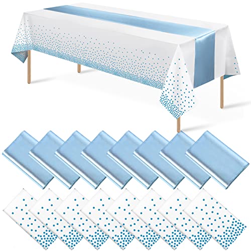 White and Light Blue Tablecloth and Runner Set, 16 pack