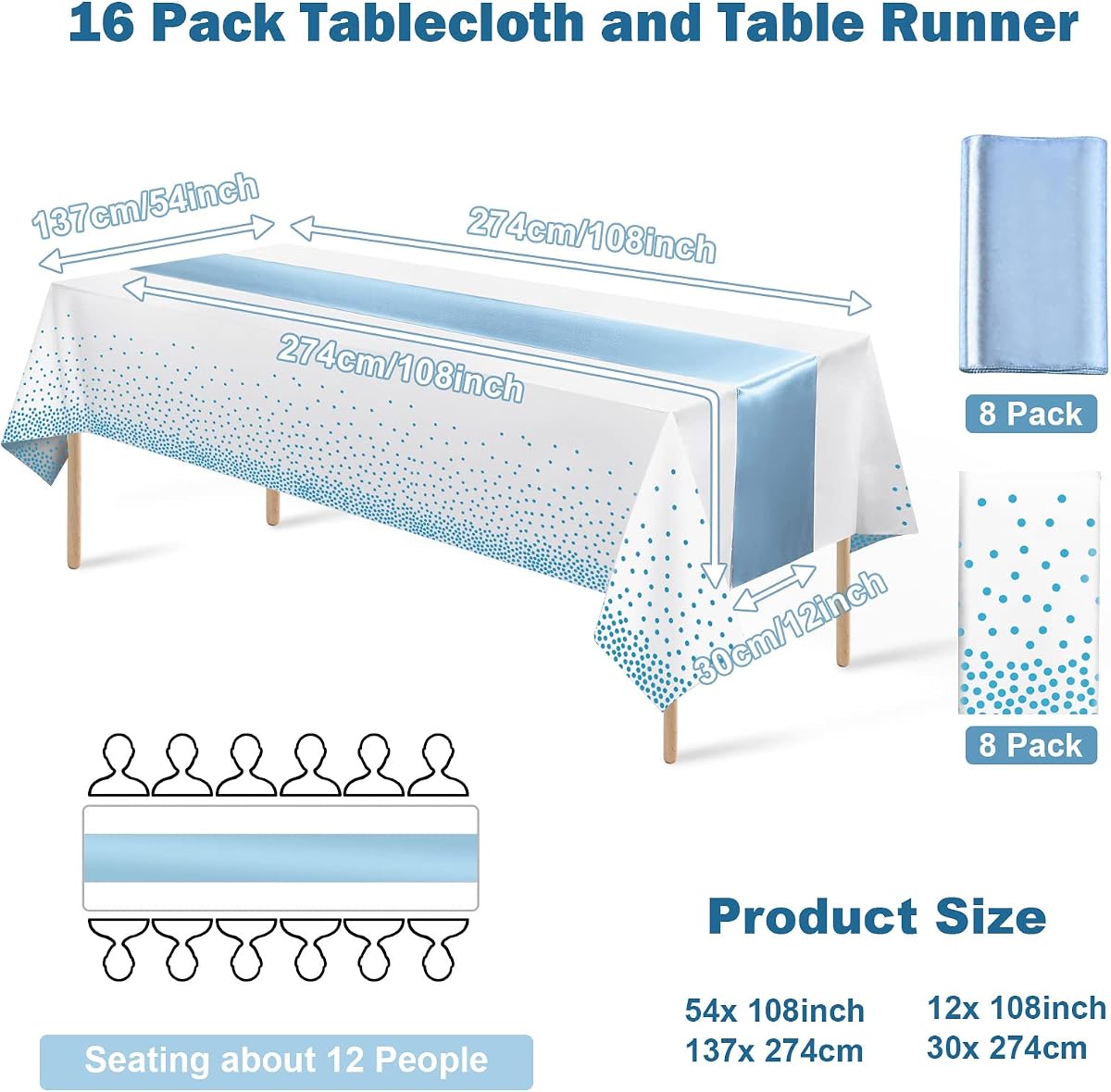 White and Light Blue Tablecloth and Runner Set, 16 pack view 2