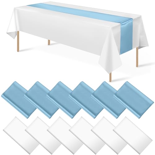White and Light Blue Tablecloth and Runner Set, 54 x 108 inch, 12 pack