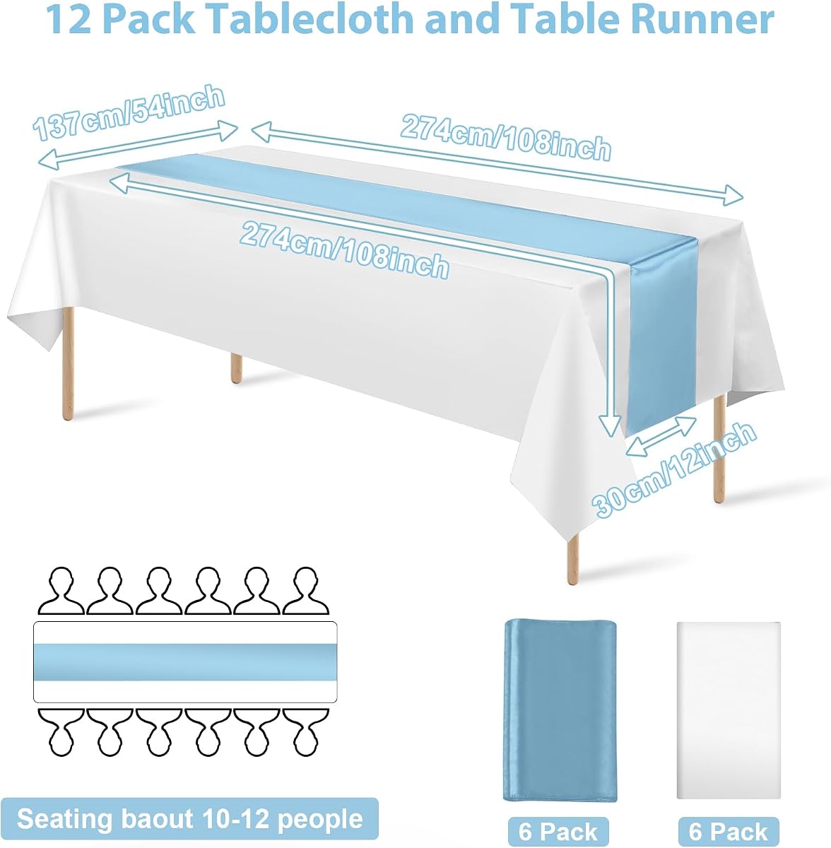White and Light Blue Tablecloth and Runner Set, 54 x 108 inch, 12 pack view 2