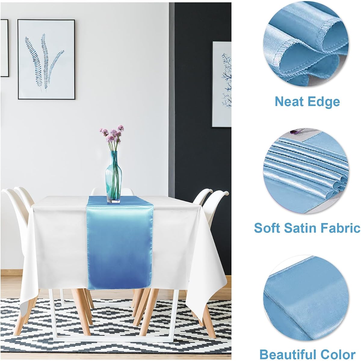 White and Light Blue Tablecloth and Runner Set, 54 x 108 inch, 12 pack view 3