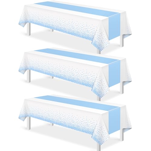 White and Light Blue Tablecloth and Runner Set, 54 x 108 inch, 3 pack