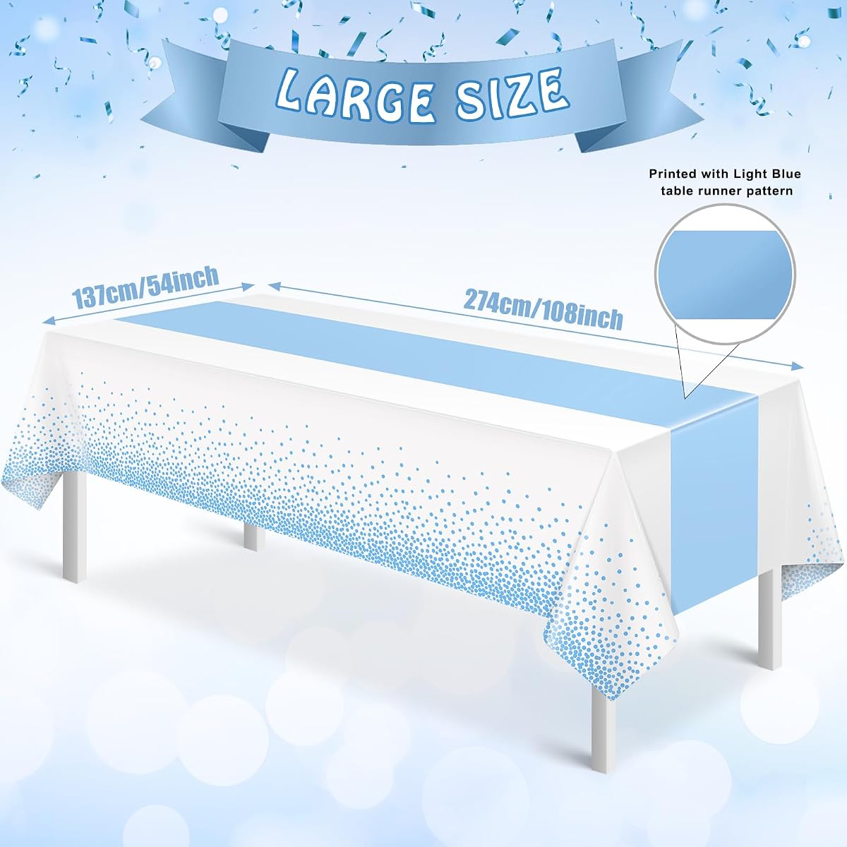 White and Light Blue Tablecloth and Runner Set, 54 x 108 inch, 3 pack view 2