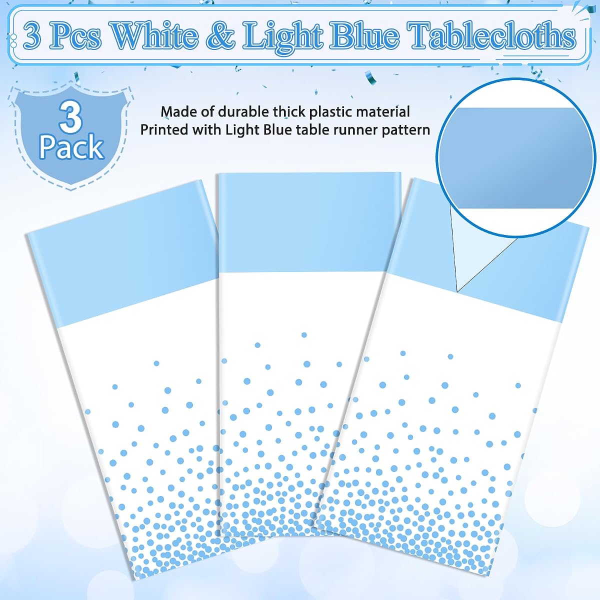 White and Light Blue Tablecloth and Runner Set, 54 x 108 inch, 3 pack view 4