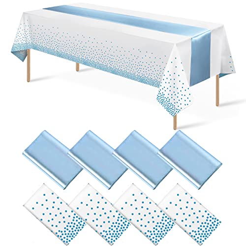 White and Light Blue Tablecloth and Runner Set, 8 pack