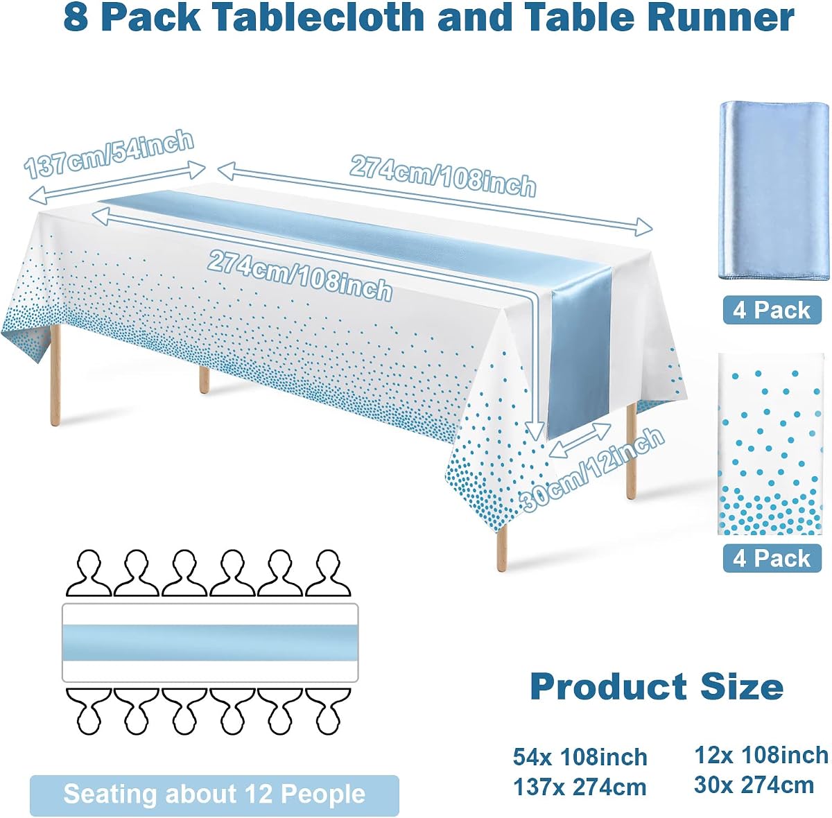 White and Light Blue Tablecloth and Runner Set, 8 pack view 2