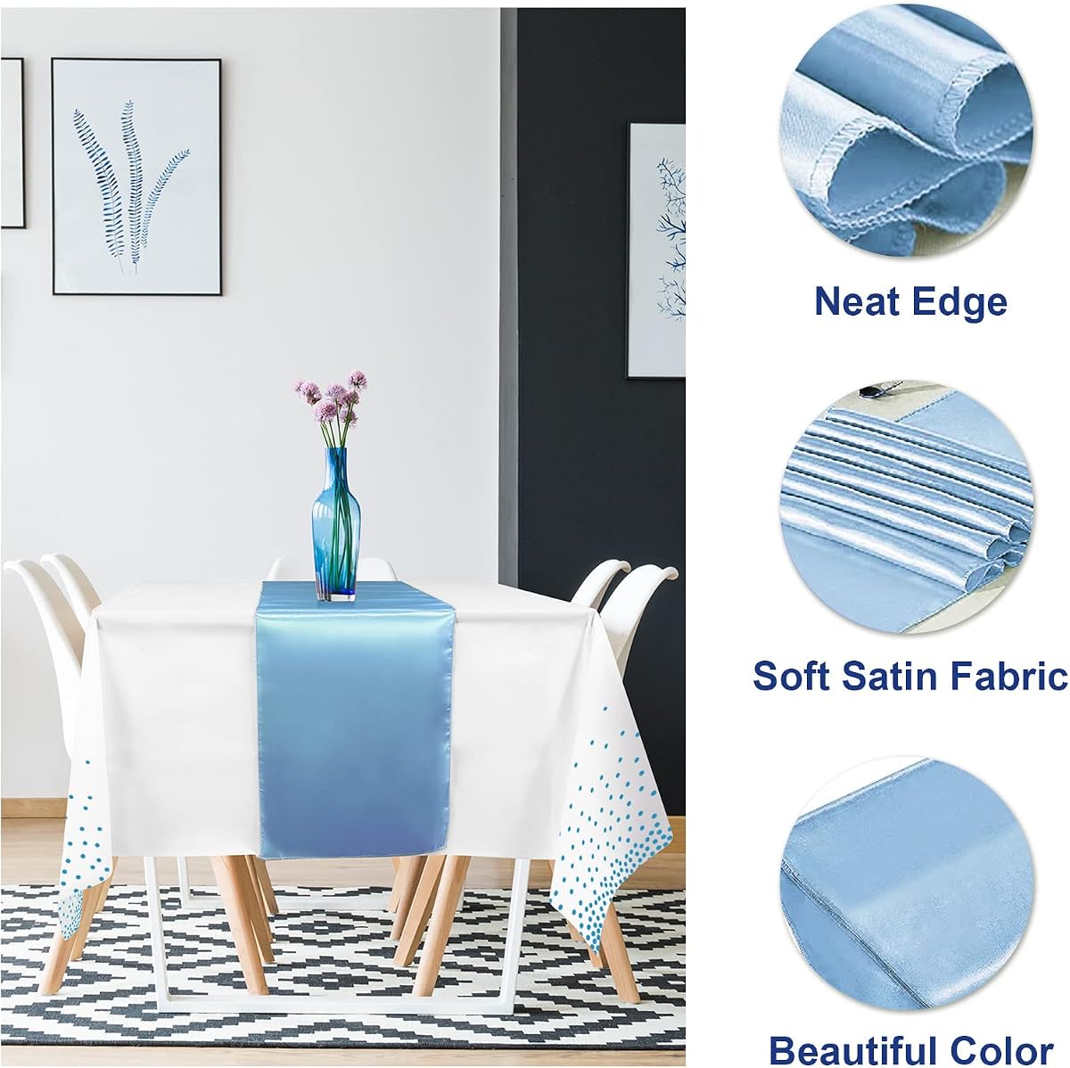 White and Light Blue Tablecloth and Runner Set, 8 pack view 3