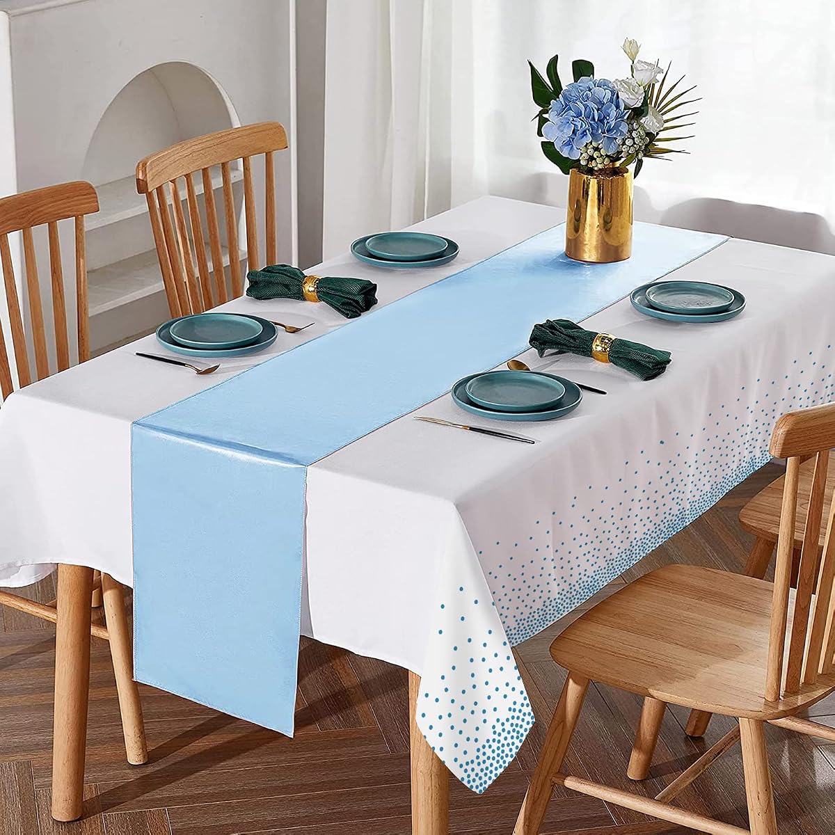 White and Light Blue Tablecloth and Runner Set, 8 pack view 4