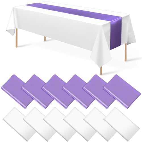 White and Light Purple Tablecloth and Runner Set, 54 x 108 inch, 12 pack