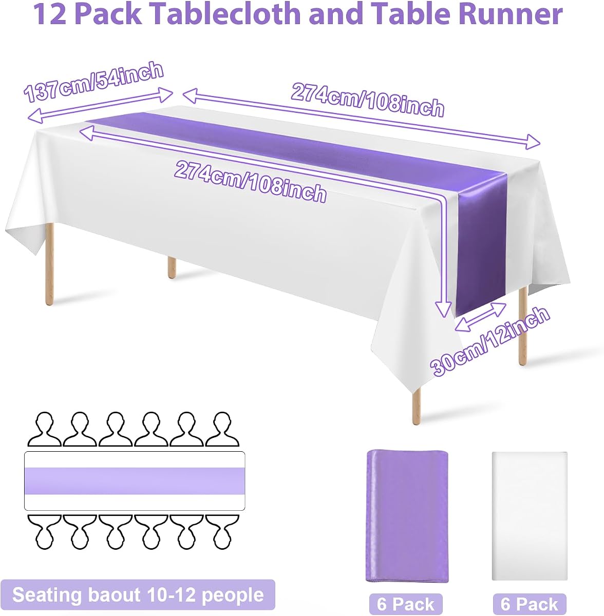 White and Light Purple Tablecloth and Runner Set, 54 x 108 inch, 12 pack view 2