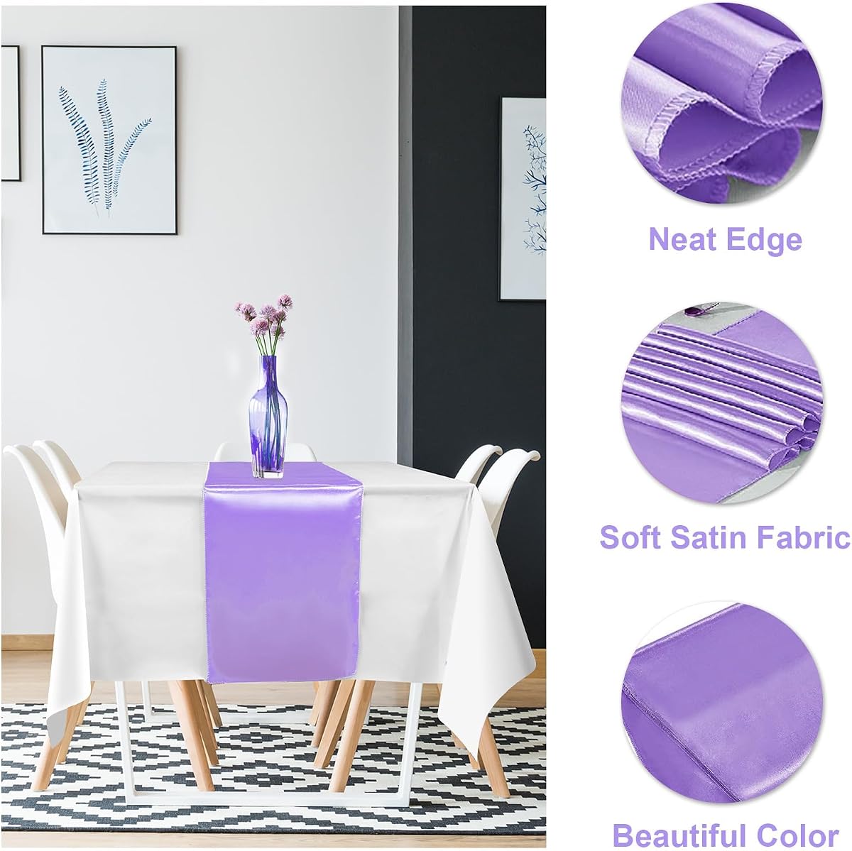 White and Light Purple Tablecloth and Runner Set, 54 x 108 inch, 12 pack view 3