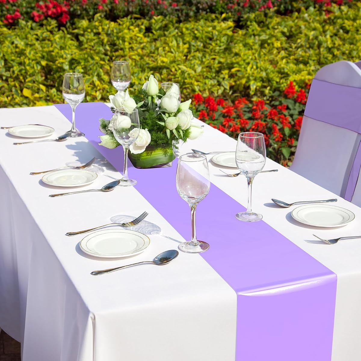 White and Light Purple Tablecloth and Runner Set, 54 x 108 inch, 12 pack view 4