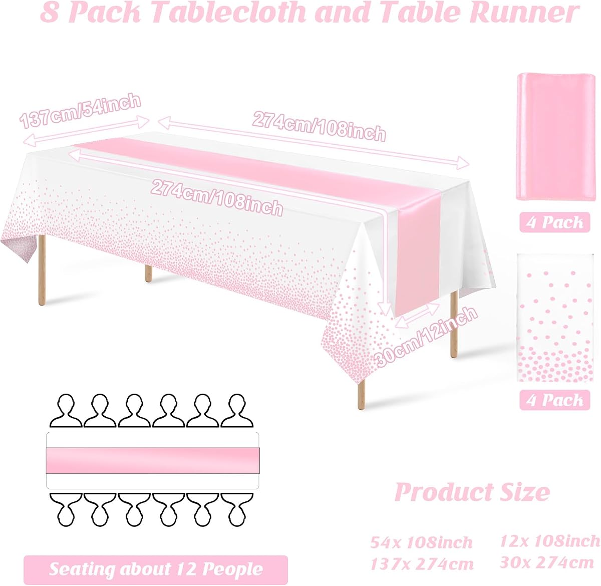 White and Pink Tablecloth and Runner Set, 8 pack view 2